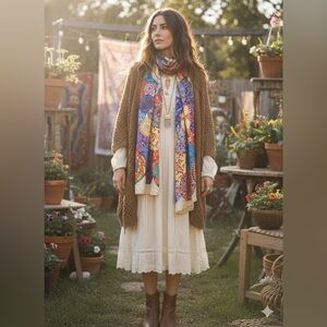 Silk Scarf 100% Colorful Square 42”x42” Bohemian Festival Artsy Hippie Lagenlook